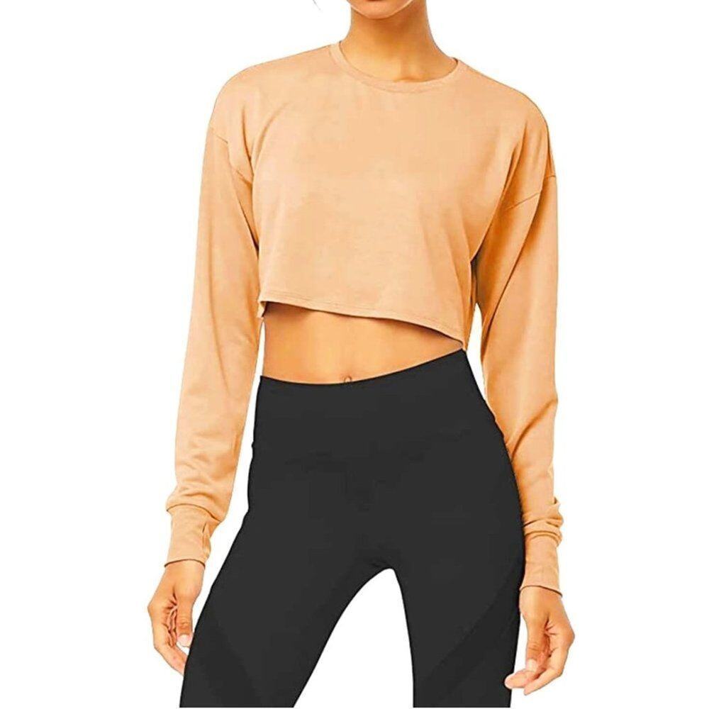 NWT Bestisun Cropped Workout Top Womens‎ Medium Peach Beige Long Sleeve Crew